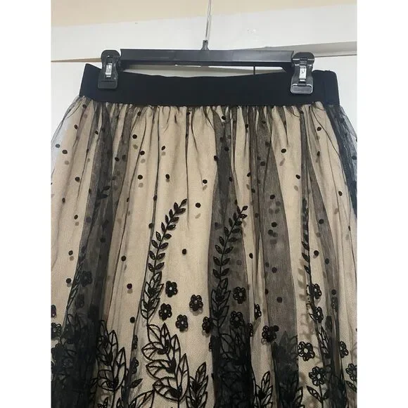 Metro Wear Skirt Black Mesh Floral Overlay Tan Lining Sz PS Elastic Waist 28 - Picture 3 of 14